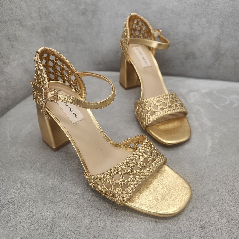 Antonio Melani Heeled Sandals 10 Golden Woven Leather Gretel Metallic New $140 - Picture 4 of 15